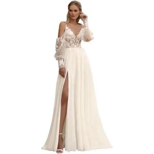 imageLong Sleeve Wedding Dresses for Bride Simple Satin Wedding Gown Lace Appliques Tulle Country Wedding Dress Bride GownIvorystyle1