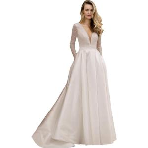 imageLong Sleeve Wedding Dresses for Bride Simple Satin Wedding Gown Lace Appliques Tulle Country Wedding Dress Bride GownIvorystyle10