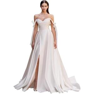 imageLong Sleeve Wedding Dresses for Bride Simple Satin Wedding Gown Lace Appliques Tulle Country Wedding Dress Bride GownIvorystyle16