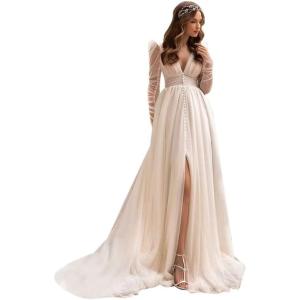 imageLong Sleeve Wedding Dresses for Bride Simple Satin Wedding Gown Lace Appliques Tulle Country Wedding Dress Bride GownIvorystyle9