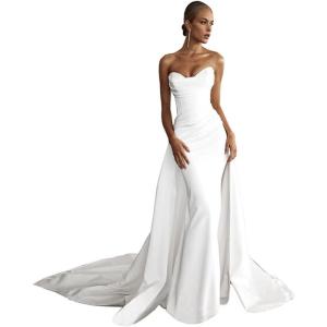 imageLong Sleeve Wedding Dresses for Bride Simple Satin Wedding Gown Lace Appliques Tulle Country Wedding Dress Bride GownWhiteh