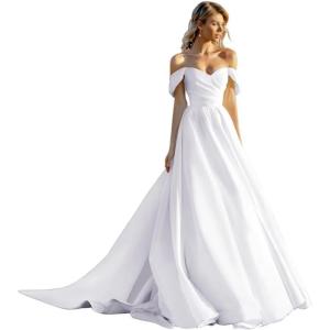 imageLong Sleeve Wedding Dresses for Bride Simple Satin Wedding Gown Lace Appliques Tulle Country Wedding Dress Bride GownWhitei