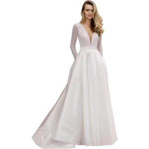imageLong Sleeve Wedding Dresses for Bride Simple Satin Wedding Gown Lace Appliques Tulle Country Wedding Dress Bride GownWhitestyle10
