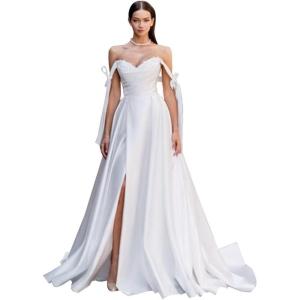 imageLong Sleeve Wedding Dresses for Bride Simple Satin Wedding Gown Lace Appliques Tulle Country Wedding Dress Bride GownWhitestyle16