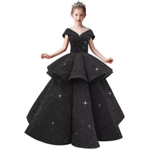 imageOff Shoulder Layered Sequin Flower Girl Dresses Sparkly Pageant Dress Girls Ball Gown Kids Prom Party CostumesBlack