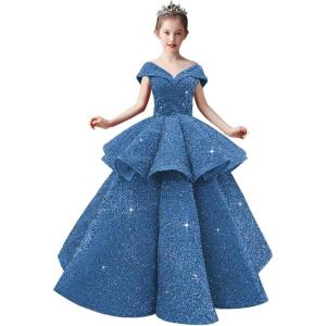 imageOff Shoulder Layered Sequin Flower Girl Dresses Sparkly Pageant Dress Girls Ball Gown Kids Prom Party CostumesBlue