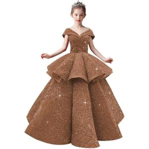imageOff Shoulder Layered Sequin Flower Girl Dresses Sparkly Pageant Dress Girls Ball Gown Kids Prom Party CostumesBrown