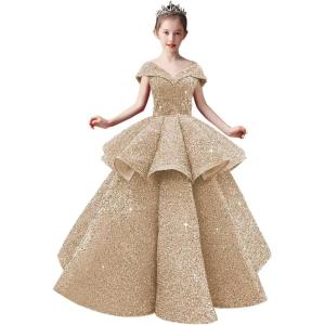 imageOff Shoulder Layered Sequin Flower Girl Dresses Sparkly Pageant Dress Girls Ball Gown Kids Prom Party CostumesChampagne