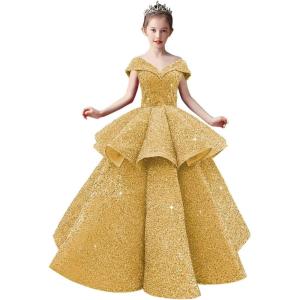 imageOff Shoulder Layered Sequin Flower Girl Dresses Sparkly Pageant Dress Girls Ball Gown Kids Prom Party CostumesGold