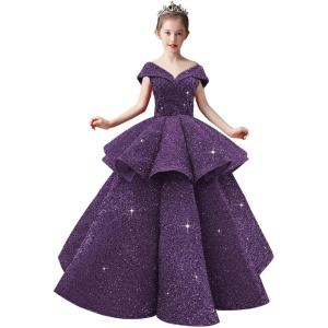 imageOff Shoulder Layered Sequin Flower Girl Dresses Sparkly Pageant Dress Girls Ball Gown Kids Prom Party CostumesGrape