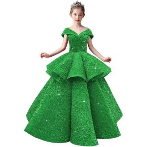 imageOff Shoulder Layered Sequin Flower Girl Dresses Sparkly Pageant Dress Girls Ball Gown Kids Prom Party CostumesGreen