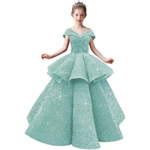 imageOff Shoulder Layered Sequin Flower Girl Dresses Sparkly Pageant Dress Girls Ball Gown Kids Prom Party CostumesIce Blue