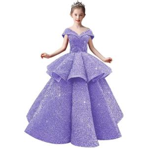 imageOff Shoulder Layered Sequin Flower Girl Dresses Sparkly Pageant Dress Girls Ball Gown Kids Prom Party CostumesLavender