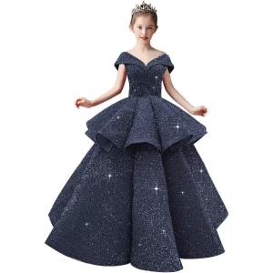 imageOff Shoulder Layered Sequin Flower Girl Dresses Sparkly Pageant Dress Girls Ball Gown Kids Prom Party CostumesNavy Blue