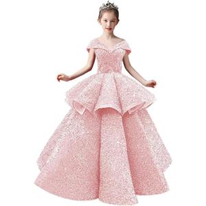imageOff Shoulder Layered Sequin Flower Girl Dresses Sparkly Pageant Dress Girls Ball Gown Kids Prom Party CostumesPink