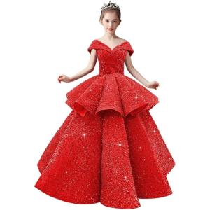 imageOff Shoulder Layered Sequin Flower Girl Dresses Sparkly Pageant Dress Girls Ball Gown Kids Prom Party CostumesRed