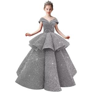 imageOff Shoulder Layered Sequin Flower Girl Dresses Sparkly Pageant Dress Girls Ball Gown Kids Prom Party CostumesSilver
