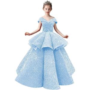 imageOff Shoulder Layered Sequin Flower Girl Dresses Sparkly Pageant Dress Girls Ball Gown Kids Prom Party CostumesSky Blue
