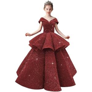 imageOff Shoulder Layered Sequin Flower Girl Dresses Sparkly Pageant Dress Girls Ball Gown Kids Prom Party CostumesWine Red