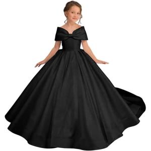 imageOff Shoulder Satin Flower Girls Dresses for Wedding ALine Princess Ball Gown Pageant Dress for Girl Kids DressBlack