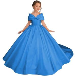 imageOff Shoulder Satin Flower Girls Dresses for Wedding ALine Princess Ball Gown Pageant Dress for Girl Kids DressBlue