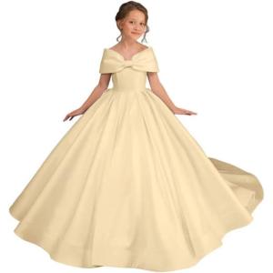 imageOff Shoulder Satin Flower Girls Dresses for Wedding ALine Princess Ball Gown Pageant Dress for Girl Kids DressChampagne