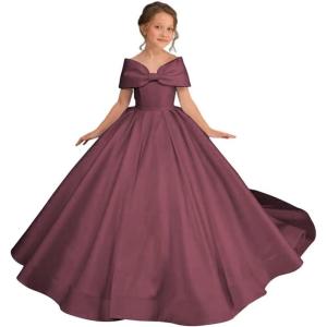 imageOff Shoulder Satin Flower Girls Dresses for Wedding ALine Princess Ball Gown Pageant Dress for Girl Kids DressDesert Rose