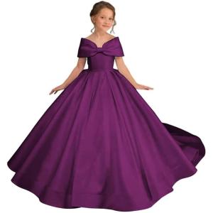 imageOff Shoulder Satin Flower Girls Dresses for Wedding ALine Princess Ball Gown Pageant Dress for Girl Kids DressFuchsia