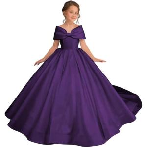 imageOff Shoulder Satin Flower Girls Dresses for Wedding ALine Princess Ball Gown Pageant Dress for Girl Kids DressGrape