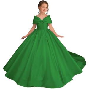 imageOff Shoulder Satin Flower Girls Dresses for Wedding ALine Princess Ball Gown Pageant Dress for Girl Kids DressGreen