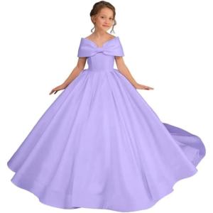 imageOff Shoulder Satin Flower Girls Dresses for Wedding ALine Princess Ball Gown Pageant Dress for Girl Kids DressLavender