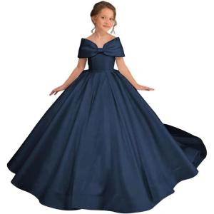 imageOff Shoulder Satin Flower Girls Dresses for Wedding ALine Princess Ball Gown Pageant Dress for Girl Kids DressNavy Blue