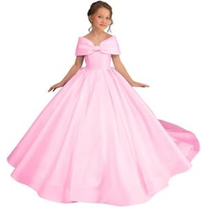 imageOff Shoulder Satin Flower Girls Dresses for Wedding ALine Princess Ball Gown Pageant Dress for Girl Kids DressPink