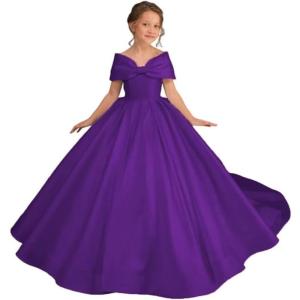 imageOff Shoulder Satin Flower Girls Dresses for Wedding ALine Princess Ball Gown Pageant Dress for Girl Kids DressPurple