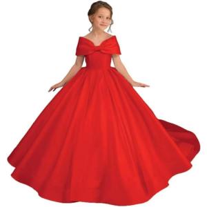 imageOff Shoulder Satin Flower Girls Dresses for Wedding ALine Princess Ball Gown Pageant Dress for Girl Kids DressRed