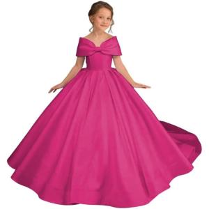 imageOff Shoulder Satin Flower Girls Dresses for Wedding ALine Princess Ball Gown Pageant Dress for Girl Kids DressRose Red