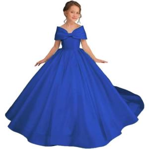 imageOff Shoulder Satin Flower Girls Dresses for Wedding ALine Princess Ball Gown Pageant Dress for Girl Kids DressRoyal Blue