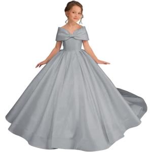 imageOff Shoulder Satin Flower Girls Dresses for Wedding ALine Princess Ball Gown Pageant Dress for Girl Kids DressSilver