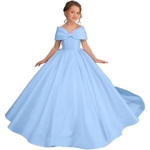 imageOff Shoulder Satin Flower Girls Dresses for Wedding ALine Princess Ball Gown Pageant Dress for Girl Kids DressSky Blue