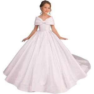 imageOff Shoulder Satin Flower Girls Dresses for Wedding ALine Princess Ball Gown Pageant Dress for Girl Kids DressWhite