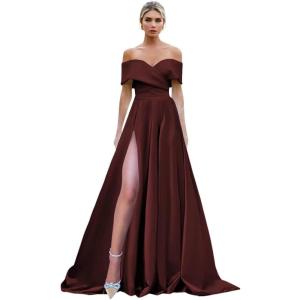 imageOff Shoulder Split Prom Dresses Long Satin Ball Gown Floor Length Formal Dress Evening Gowns Simple Wedding Dress for WomenBurgundy