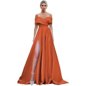 imageOff Shoulder Split Prom Dresses Long Satin Ball Gown Floor Length Formal Dress Evening Gowns Simple Wedding Dress for WomenBurnt Orange