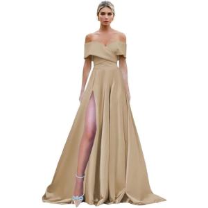imageOff Shoulder Split Prom Dresses Long Satin Ball Gown Floor Length Formal Dress Evening Gowns Simple Wedding Dress for WomenChampage