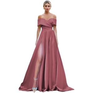 imageOff Shoulder Split Prom Dresses Long Satin Ball Gown Floor Length Formal Dress Evening Gowns Simple Wedding Dress for WomenDerset Rose