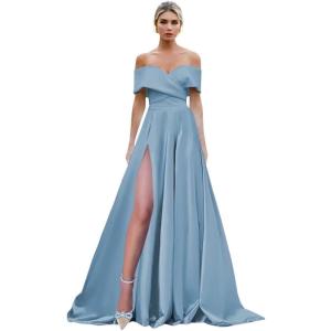 imageOff Shoulder Split Prom Dresses Long Satin Ball Gown Floor Length Formal Dress Evening Gowns Simple Wedding Dress for WomenDusty Blue