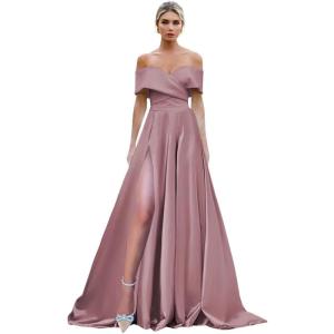 imageOff Shoulder Split Prom Dresses Long Satin Ball Gown Floor Length Formal Dress Evening Gowns Simple Wedding Dress for WomenDusty Rose