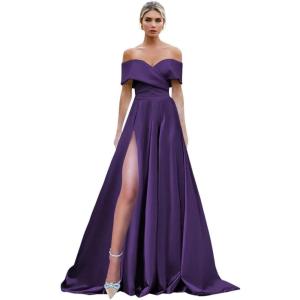 imageOff Shoulder Split Prom Dresses Long Satin Ball Gown Floor Length Formal Dress Evening Gowns Simple Wedding Dress for WomenGrape