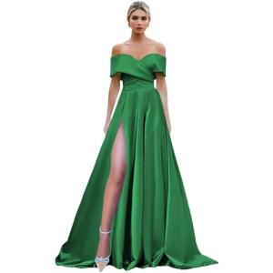 imageOff Shoulder Split Prom Dresses Long Satin Ball Gown Floor Length Formal Dress Evening Gowns Simple Wedding Dress for WomenGreen