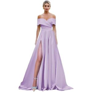 imageOff Shoulder Split Prom Dresses Long Satin Ball Gown Floor Length Formal Dress Evening Gowns Simple Wedding Dress for WomenLavender