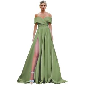 imageOff Shoulder Split Prom Dresses Long Satin Ball Gown Floor Length Formal Dress Evening Gowns Simple Wedding Dress for WomenOlive